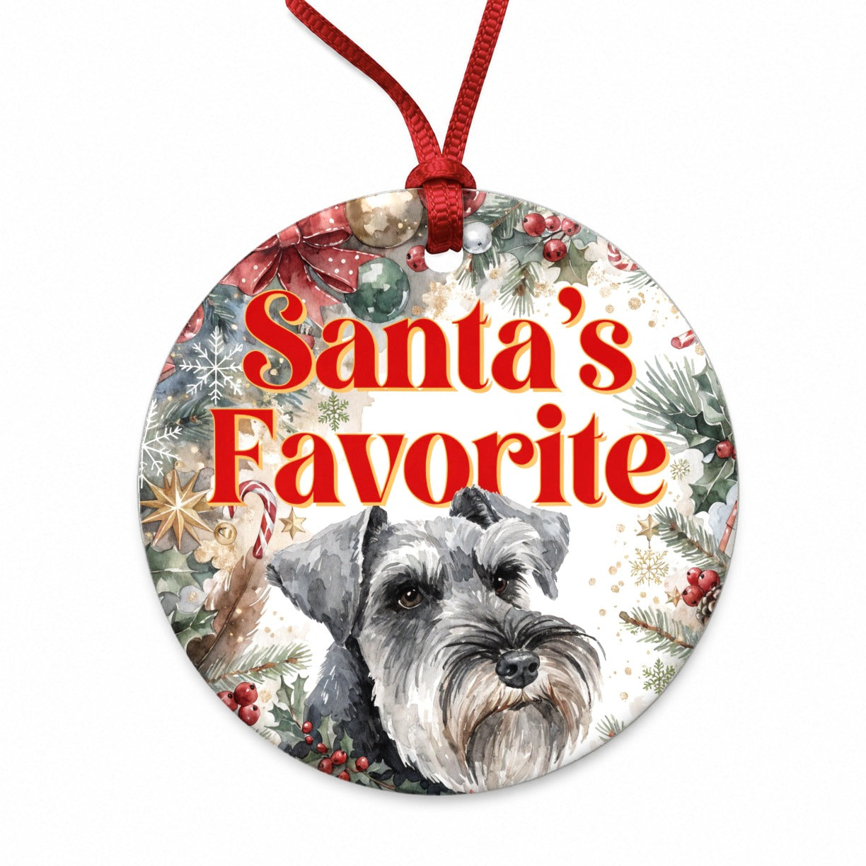 Standard Schnauzer Dog Christmas Santa's Favorite Round Ceramic Holiday Christmas Tree Ornament