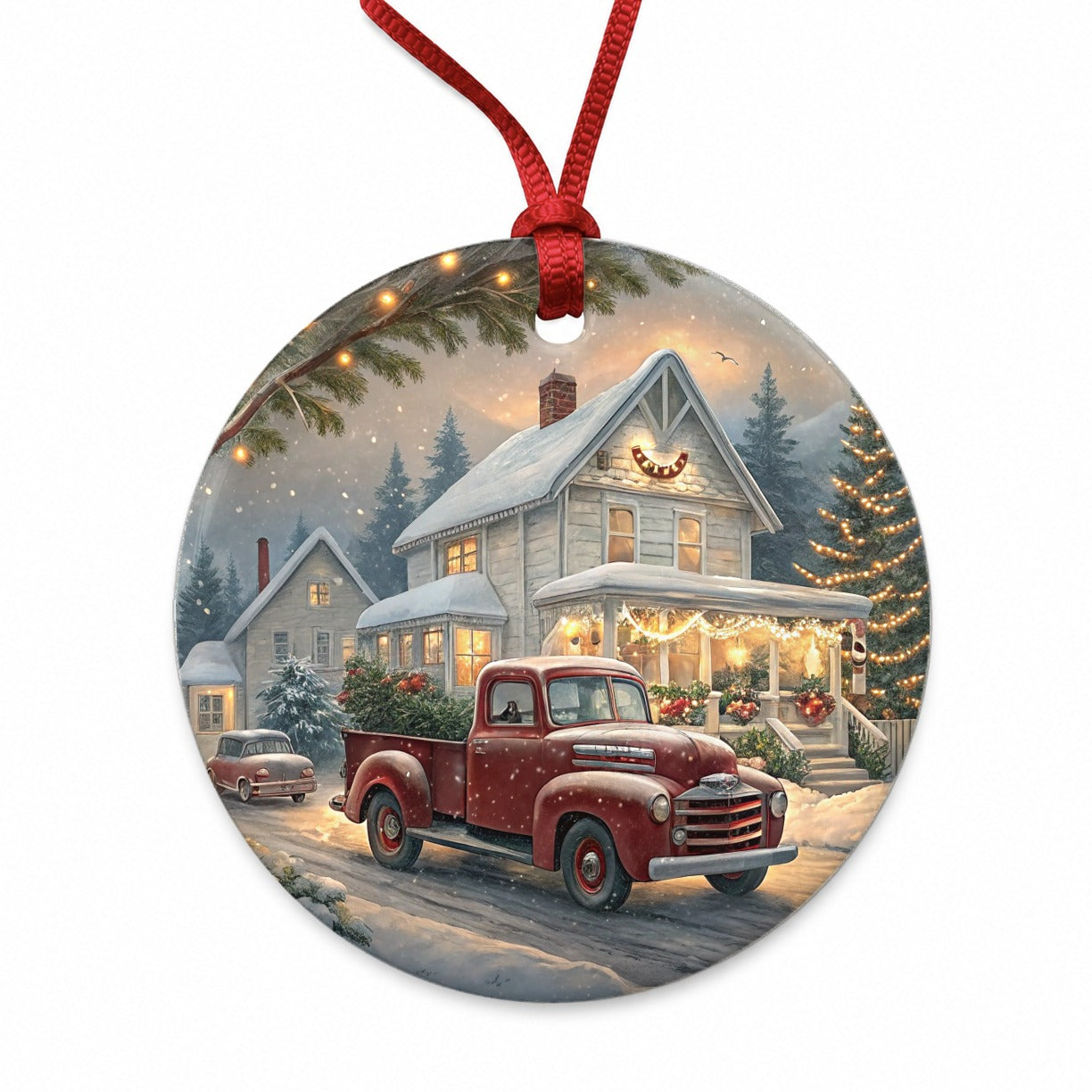 Vintage Americana Christmas Red Truck Round Ceramic Holiday Christmas Tree Ornament