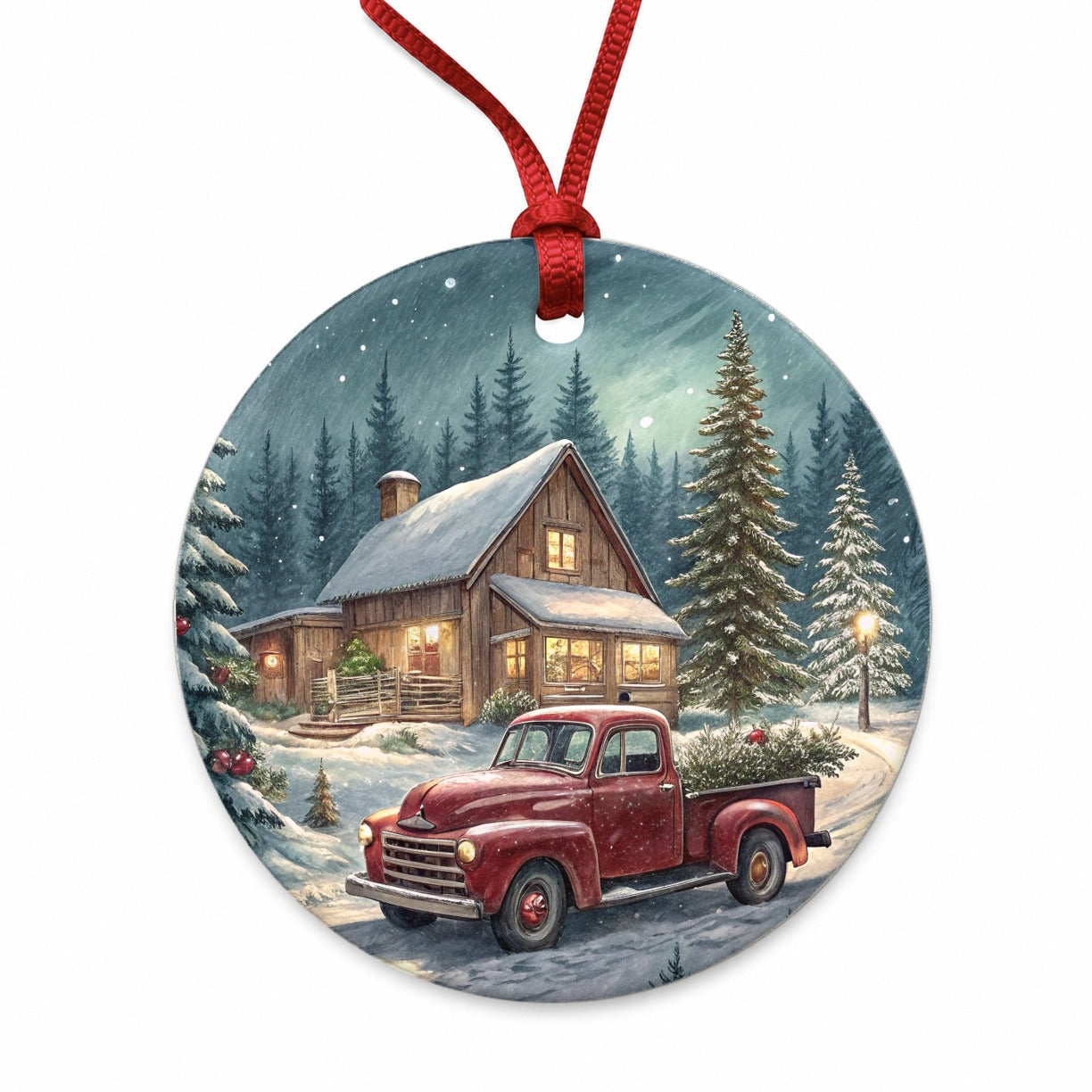 Vintage Americana Christmas Tree In Red Truck Round Ceramic Holiday Christmas Tree Ornament