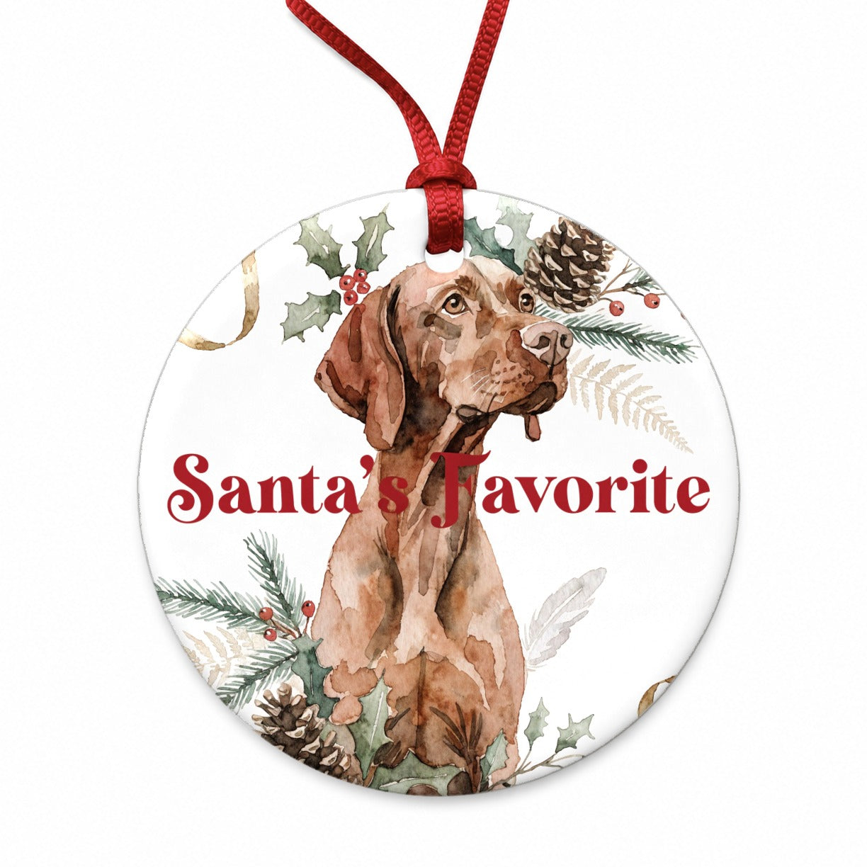 Vizsla Dog Christmas Santa's Favorite Round Ceramic Holiday Christmas Tree Ornament