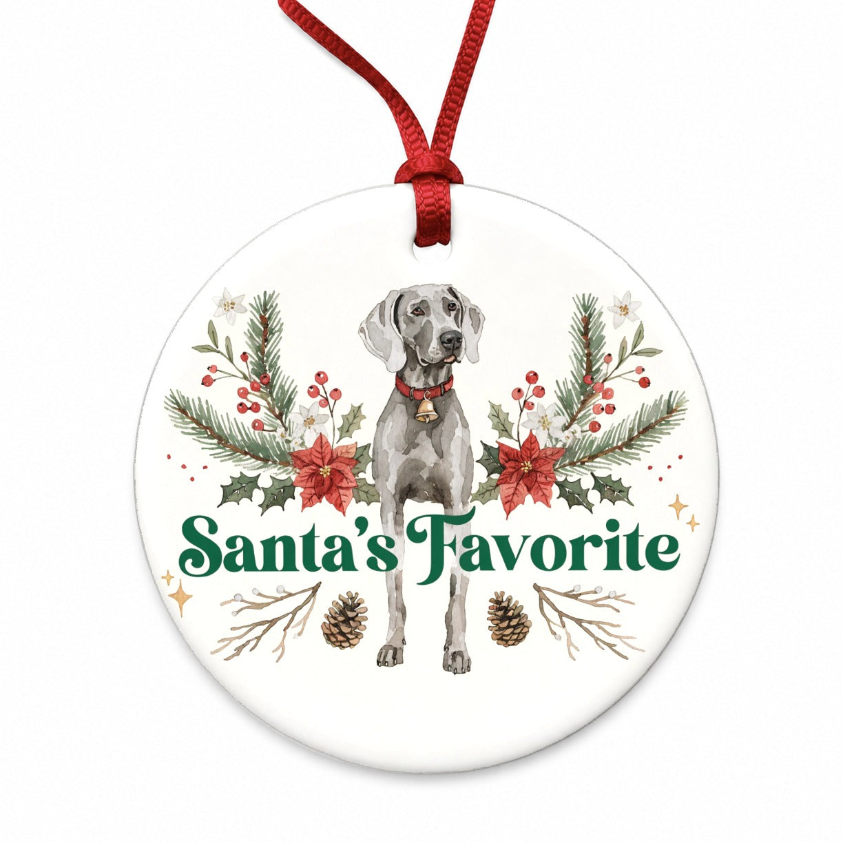 Weimaraner Dog Christmas Santa's Favorite Round Ceramic Holiday Christmas Tree Ornament