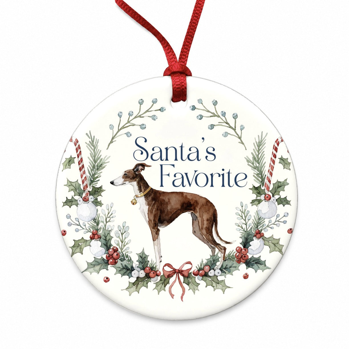 Whippet Dog Christmas Santa's Favorite Round Ceramic Holiday Christmas Tree Ornament