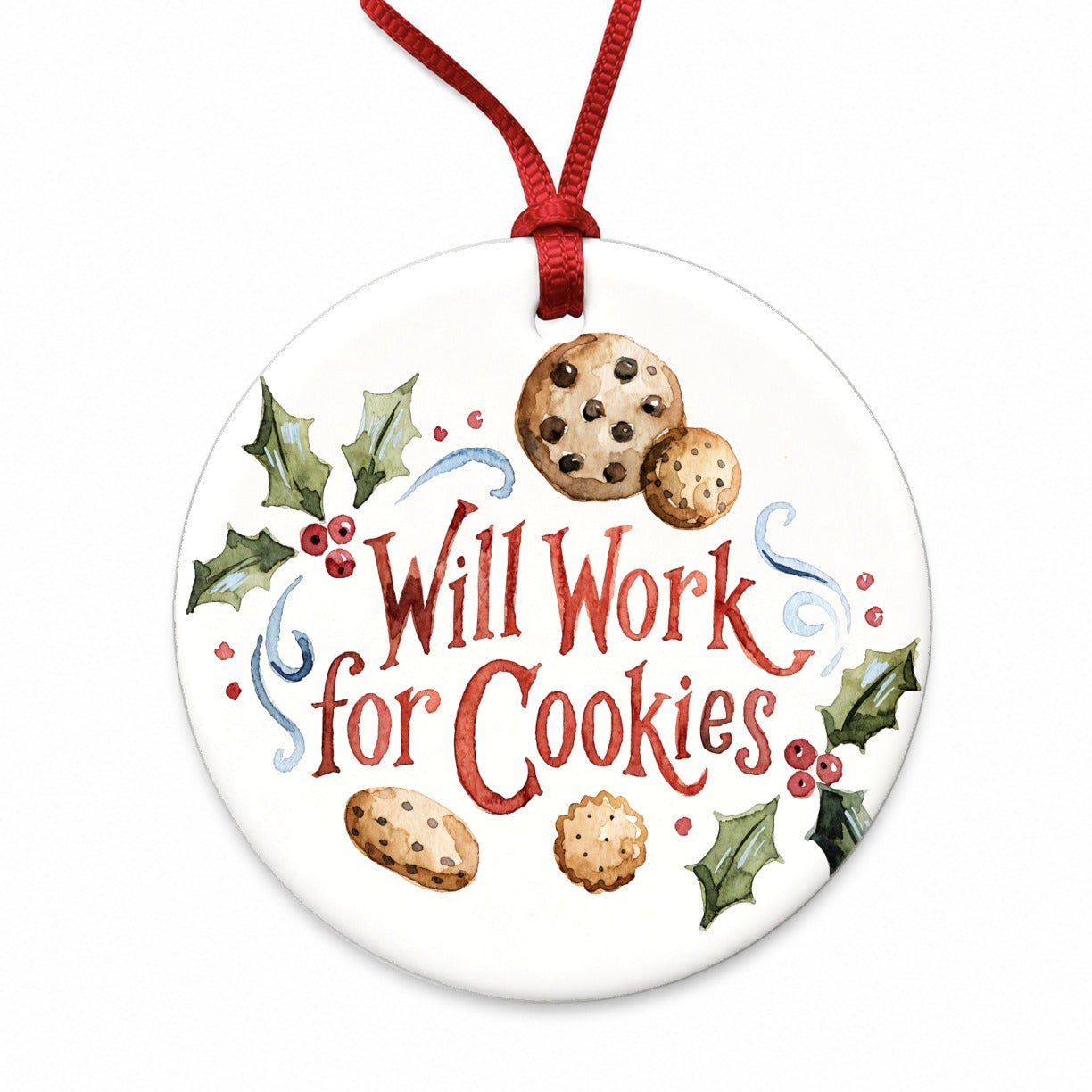 Will Work For Cookies Christmas Funny Round Ceramic Holiday Christmas Tree Ornament