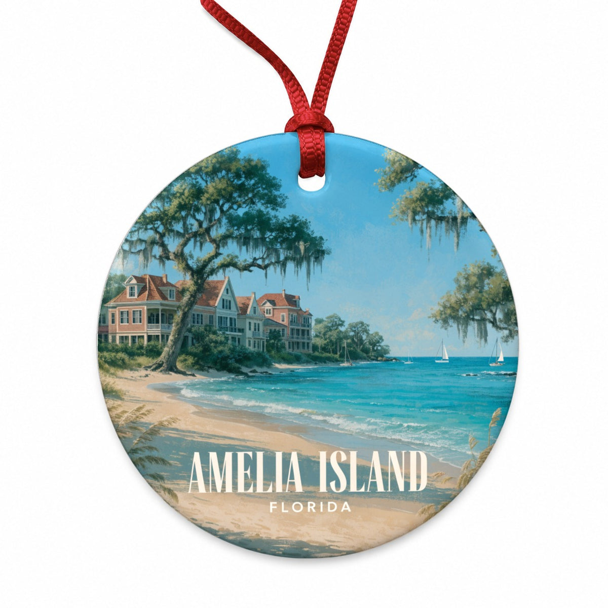 Amelia Island Florida Travel Round Ceramic Holiday Christmas Tree Ornament