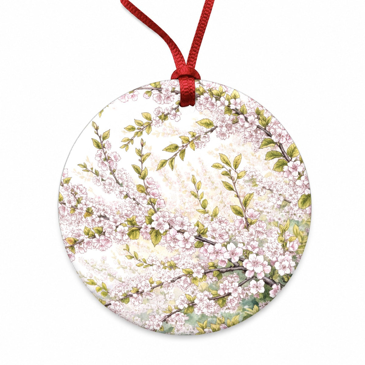 Apple Blossom Branches Round Ceramic Holiday Christmas Tree Ornament