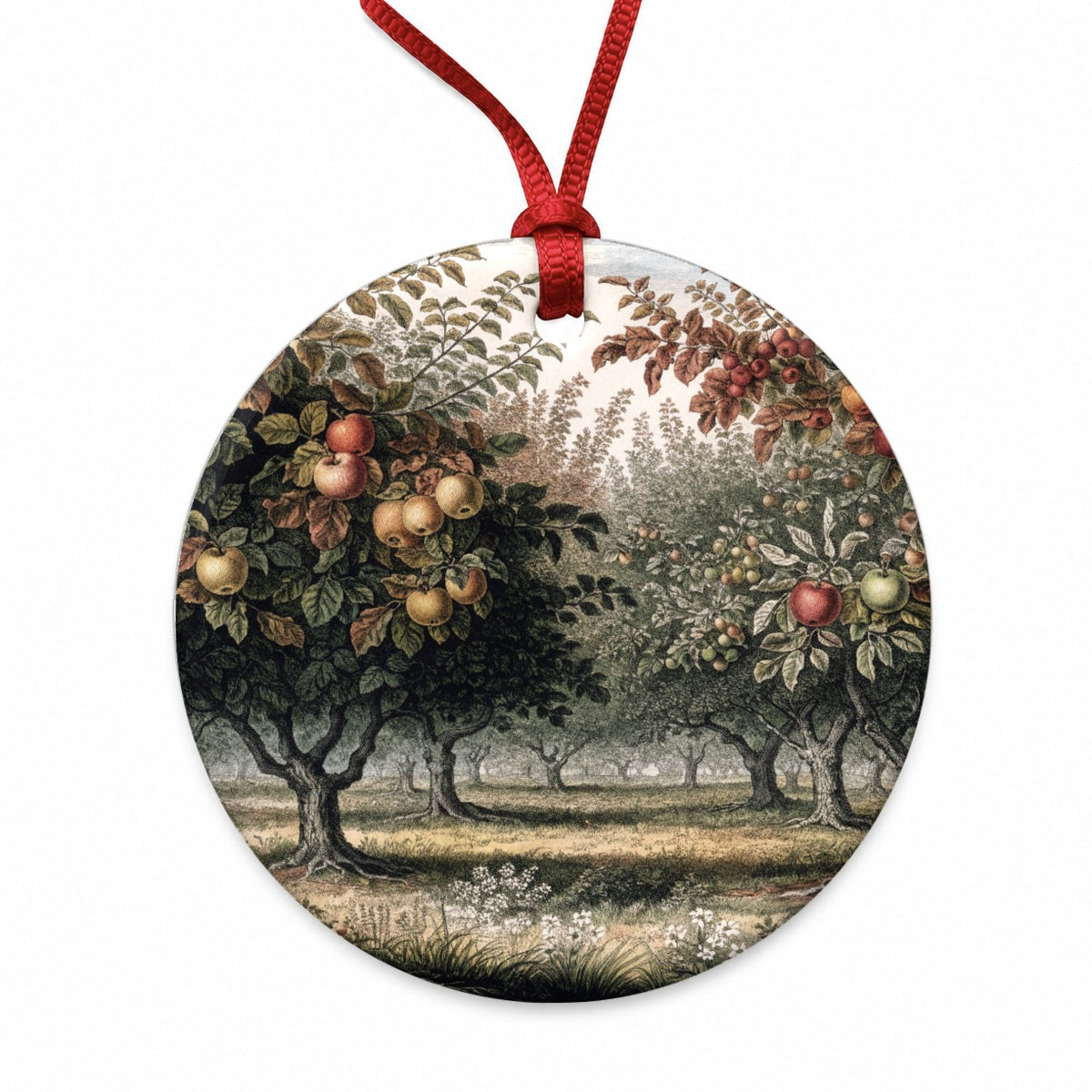 Apple Orchard Antique Drawing Round Ceramic Holiday Christmas Tree Ornament