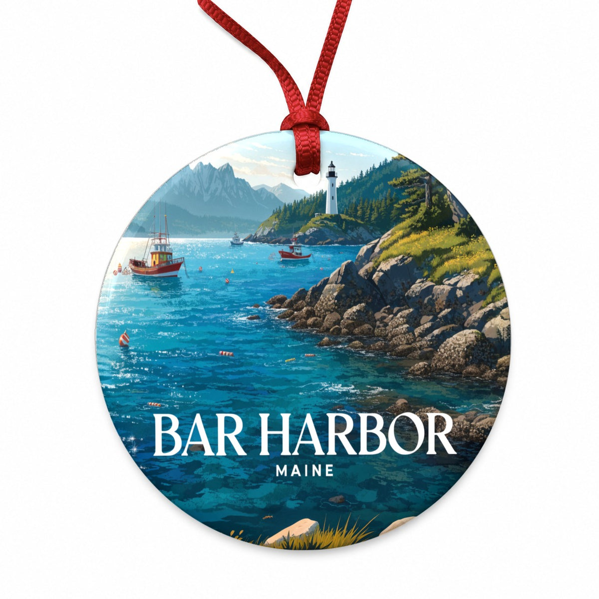 Bar Harbor Maine Travel Round Ceramic Holiday Christmas Tree Ornament