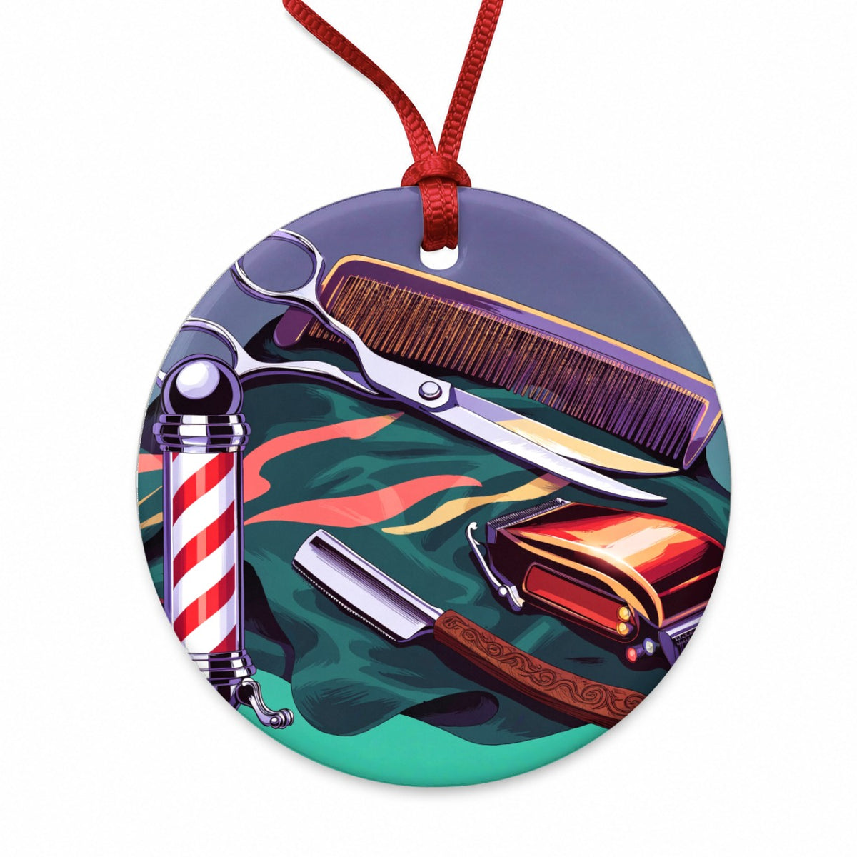 Barber Barbershop Tools Round Ceramic Holiday Christmas Tree Ornament