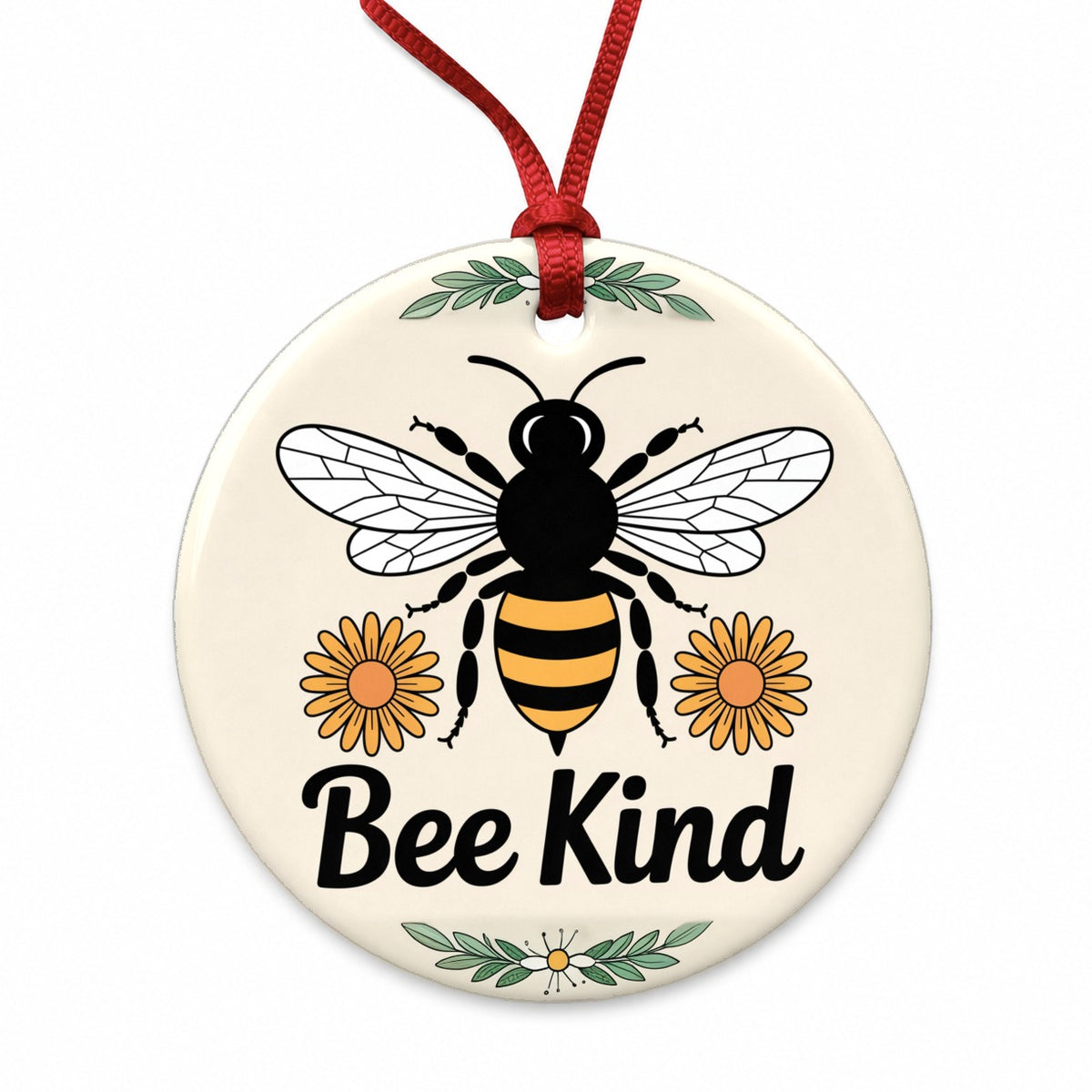 Bee Kind Honeybee Daisies Round Ceramic Holiday Christmas Tree Ornament