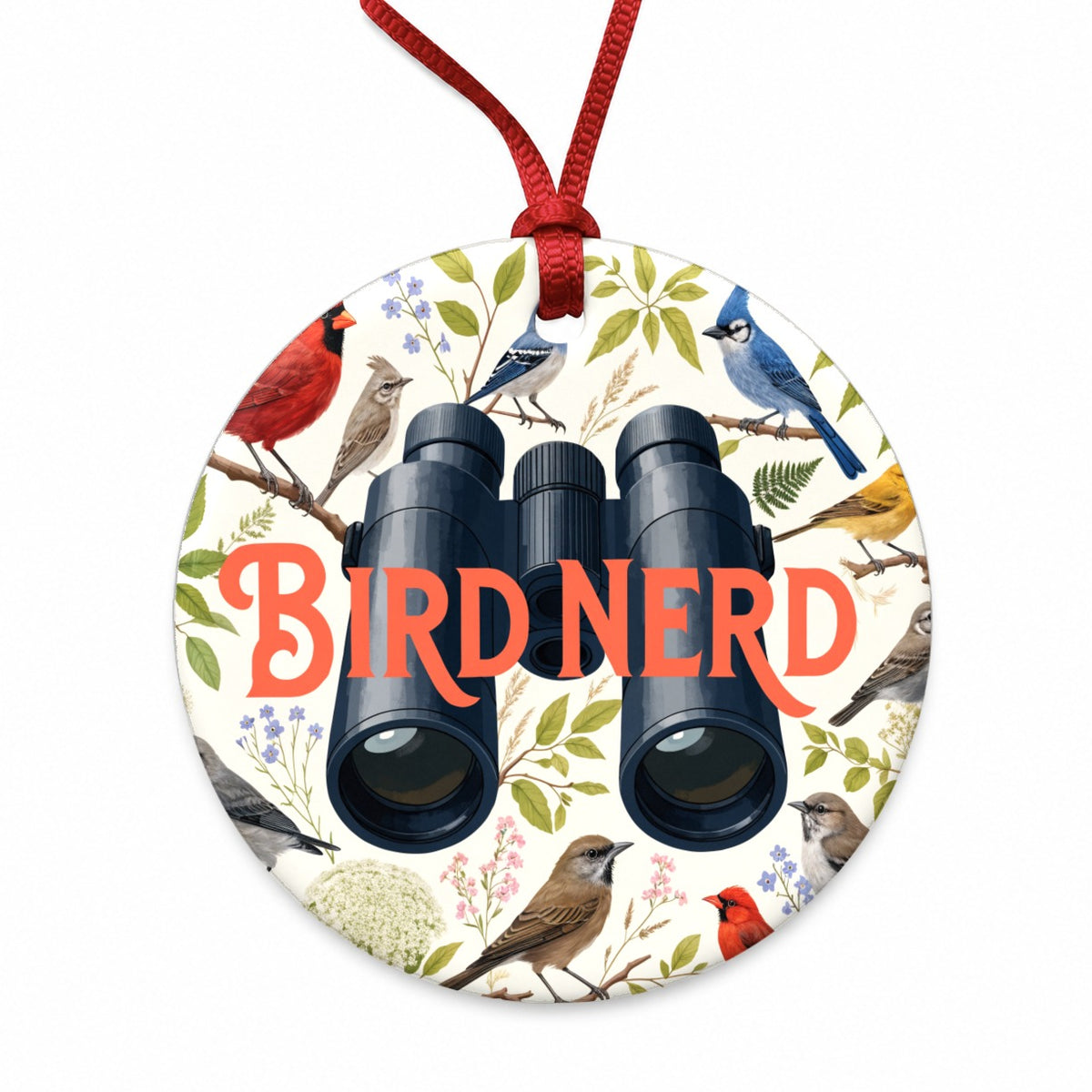 Bird Nerd Binoculars Birdwatching Round Ceramic Holiday Christmas Tree Ornament
