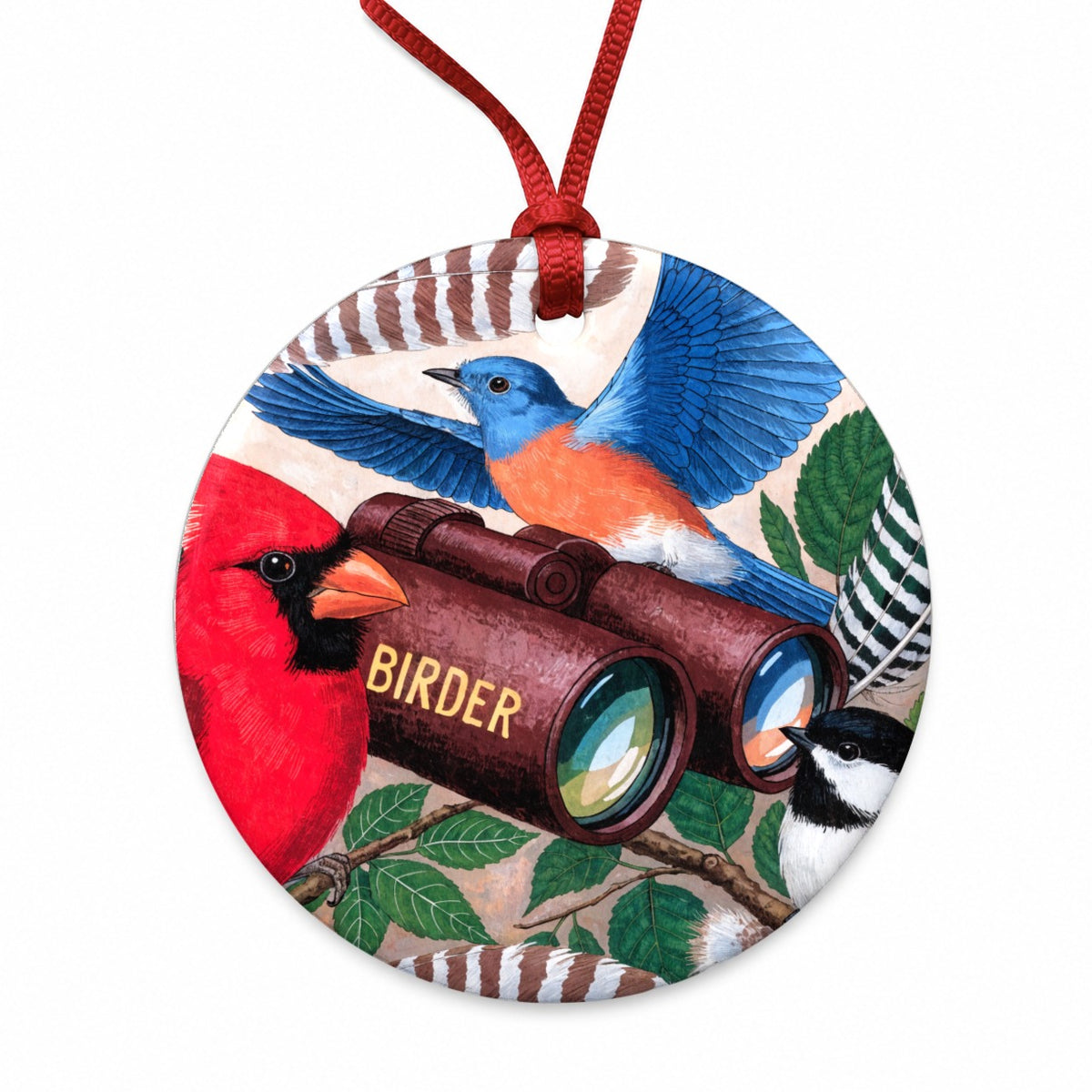 Birder Bird Lover Binoculars Round Ceramic Holiday Christmas Tree Ornament