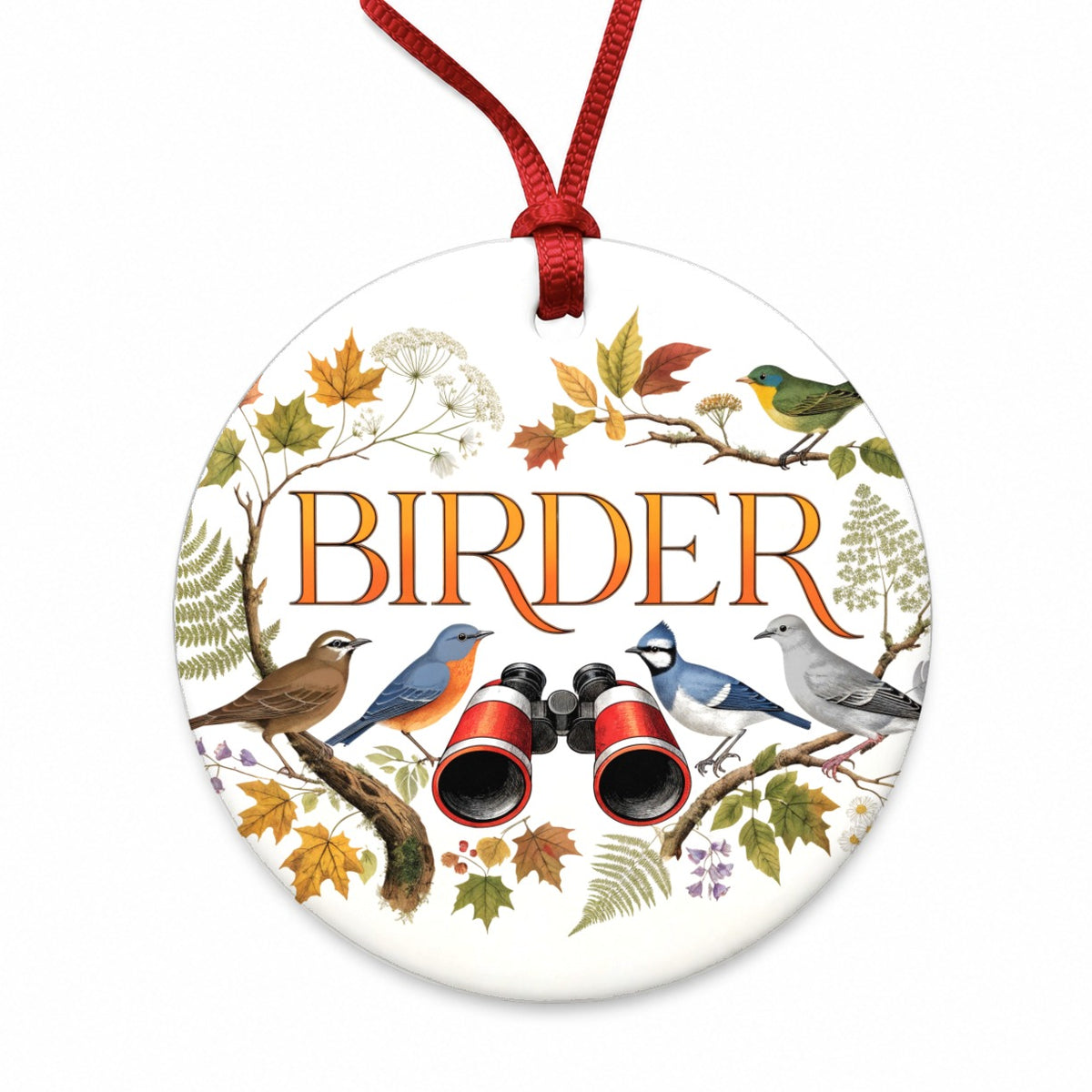 Birder Birdwatching Binoculars Round Ceramic Holiday Christmas Tree Ornament