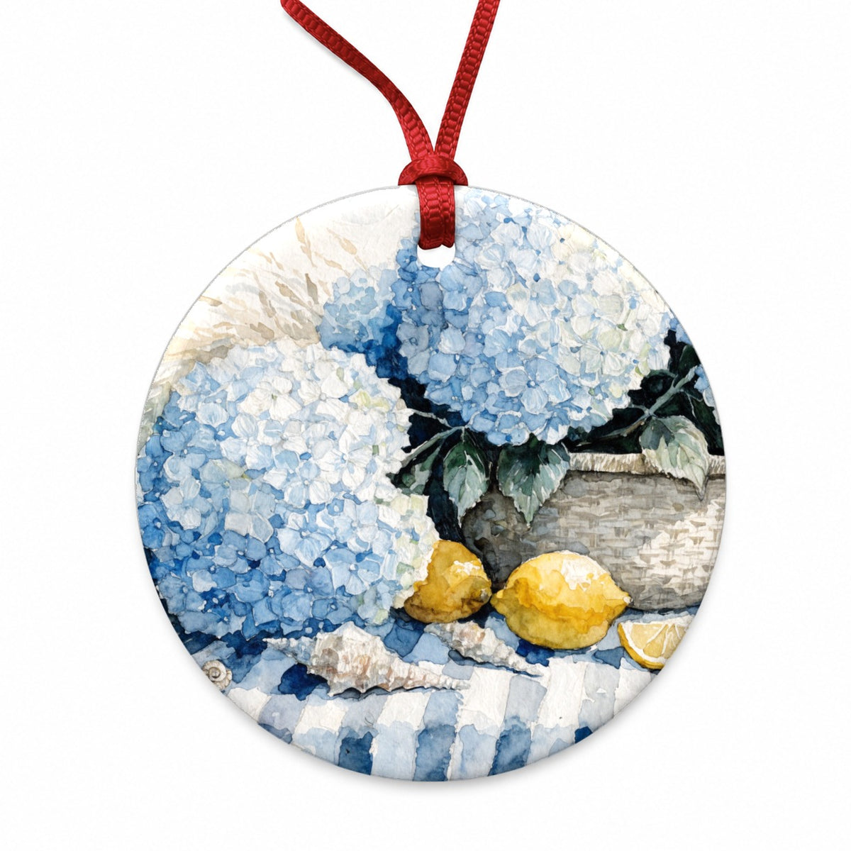 Blue Hydrangeas Seashells Lemons Coastal Round Ceramic Holiday Christmas Tree Ornament