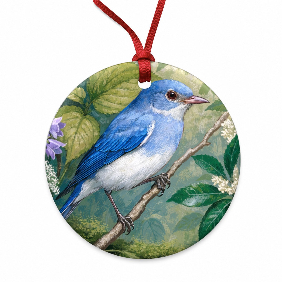 Bluebird Spring Wildflowers Round Ceramic Holiday Christmas Tree Ornament