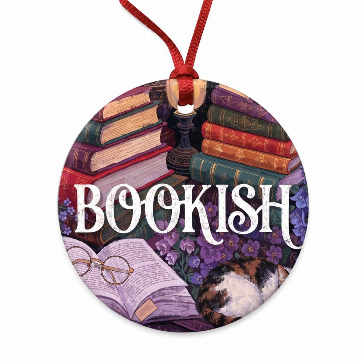 Bookish Reading Books Cat Round Ceramic Holiday Christmas Tree Ornament