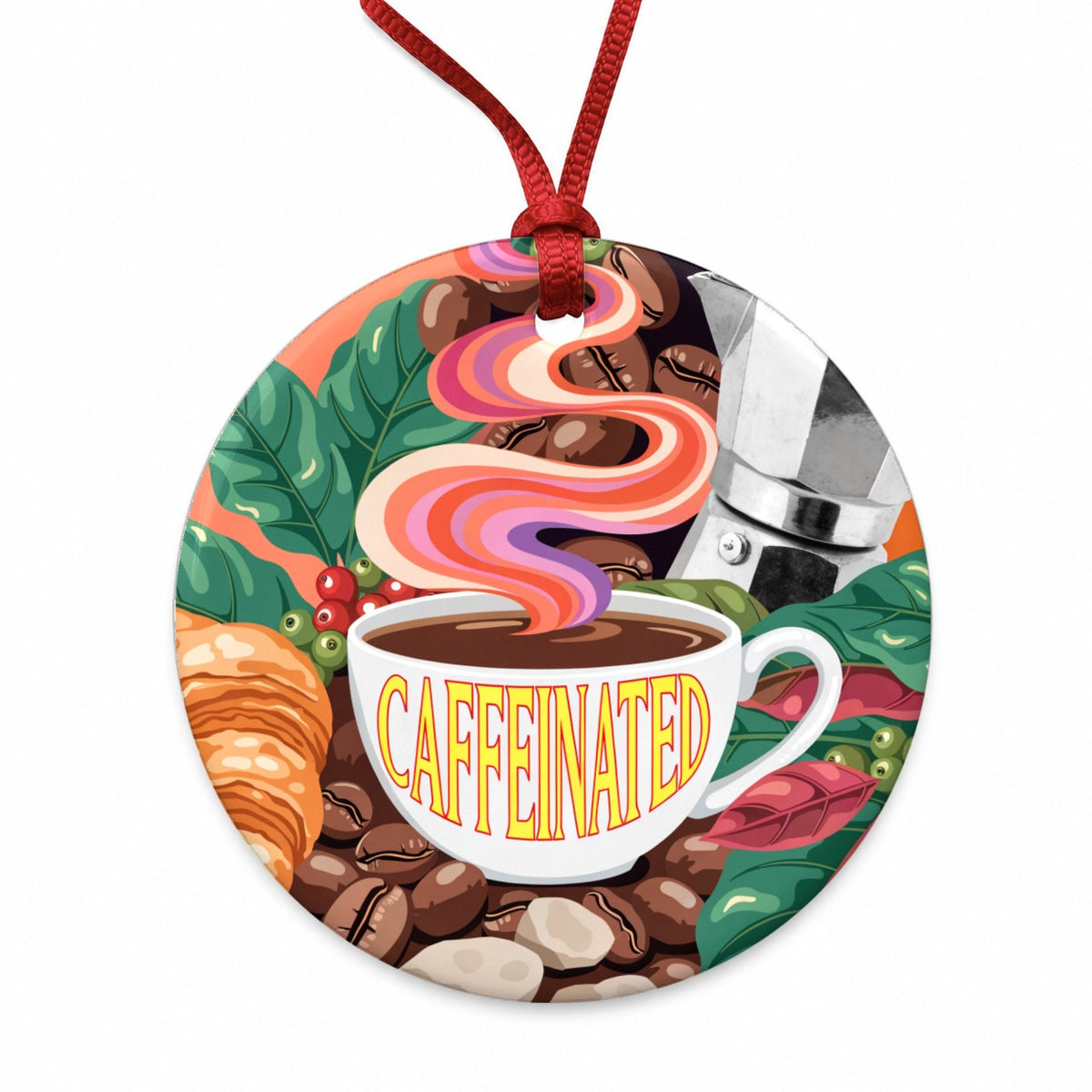 Caffeinated Coffee Cup Lover Fun Round Ceramic Holiday Christmas Tree Ornament