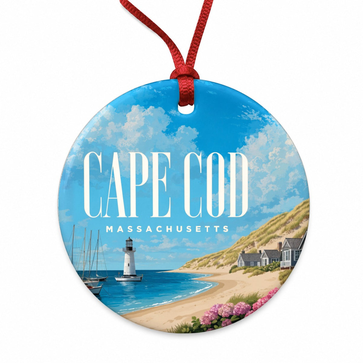 Cape Cod Massachusetts Travel Round Ceramic Holiday Christmas Tree Ornament