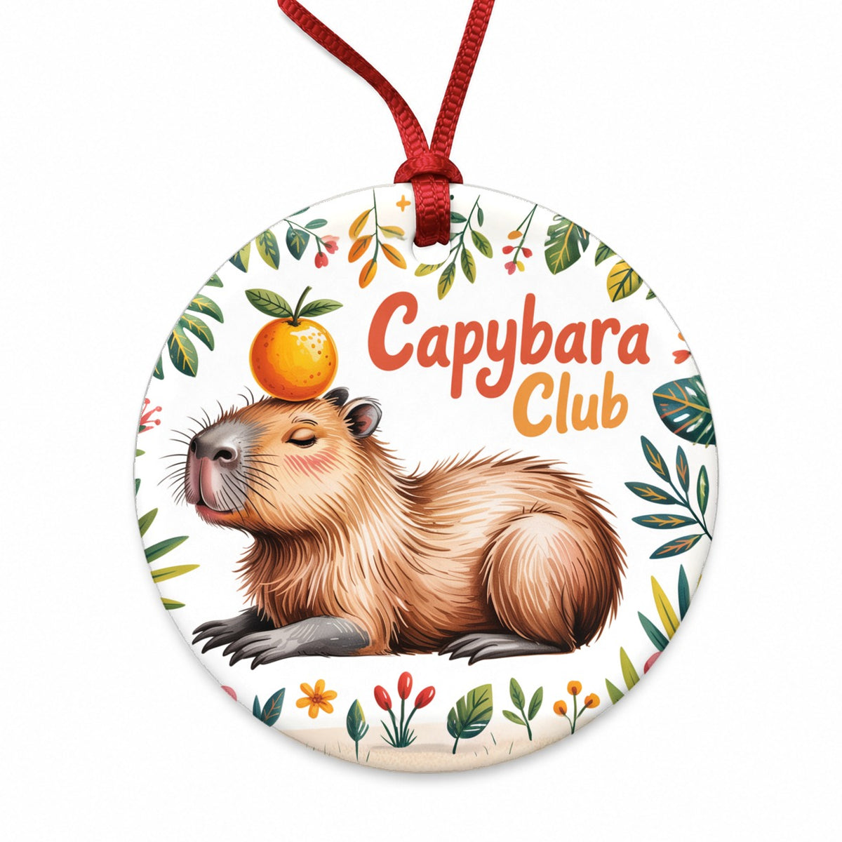 Capybara Club Whimsical Round Ceramic Holiday Christmas Tree Ornament