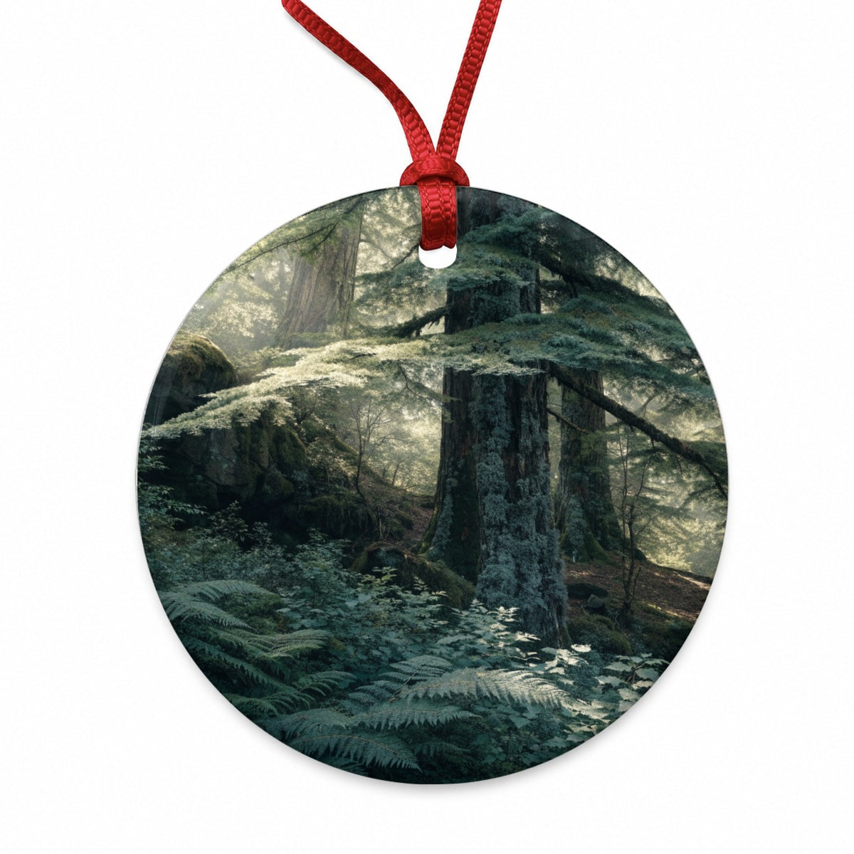 Cedar Woodland Forest Round Ceramic Holiday Christmas Tree Ornament