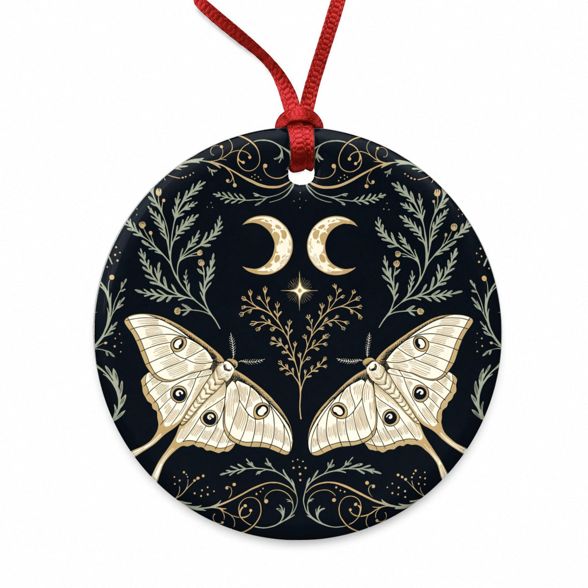 Celestial Moths Crescent Moons Round Ceramic Holiday Christmas Tree Ornament