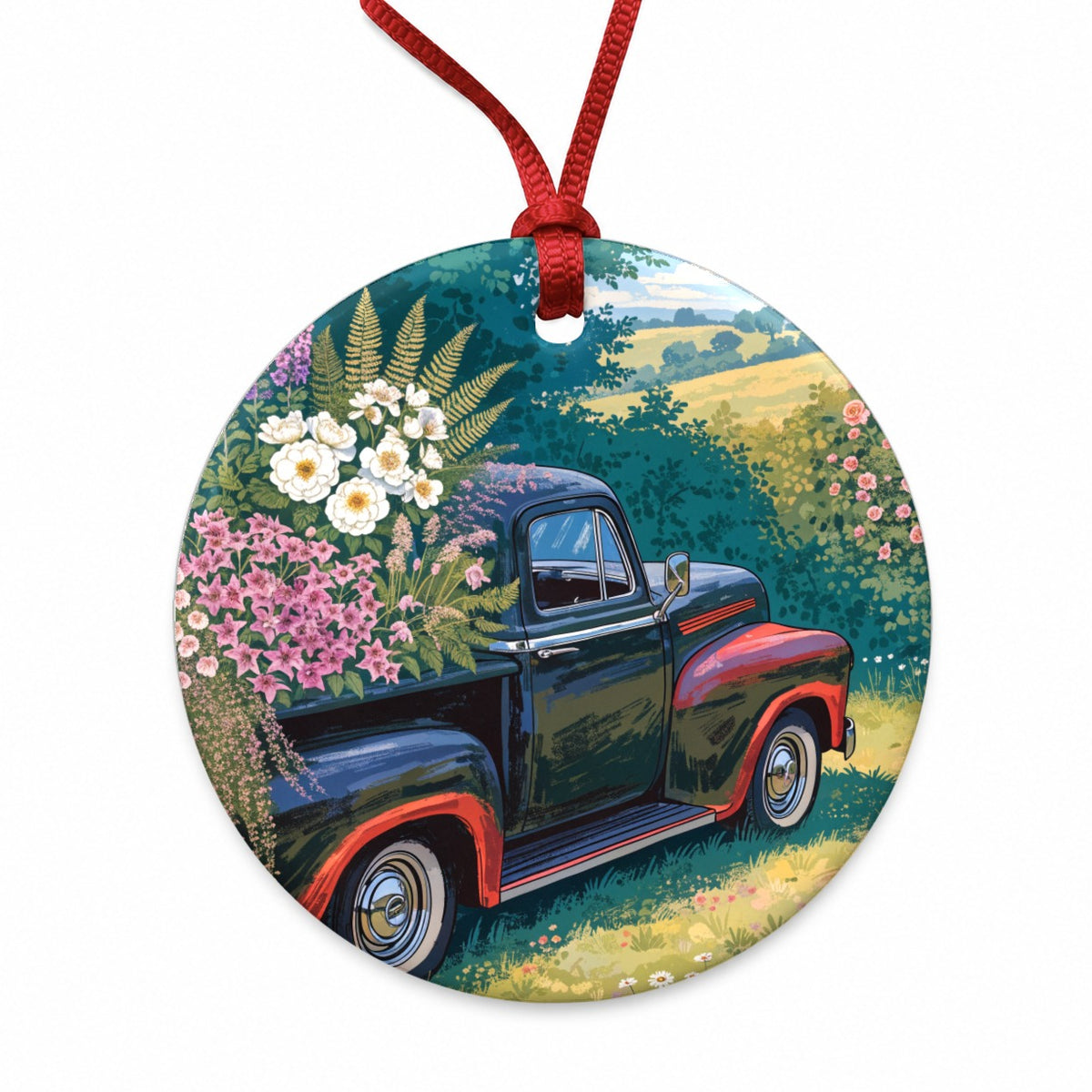 Charming Vintage Flower Pickup Truck Round Ceramic Holiday Christmas Tree Ornament