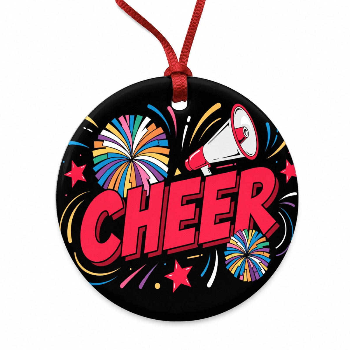 Cheerleading Red on Black Round Ceramic Holiday Christmas Tree Ornament