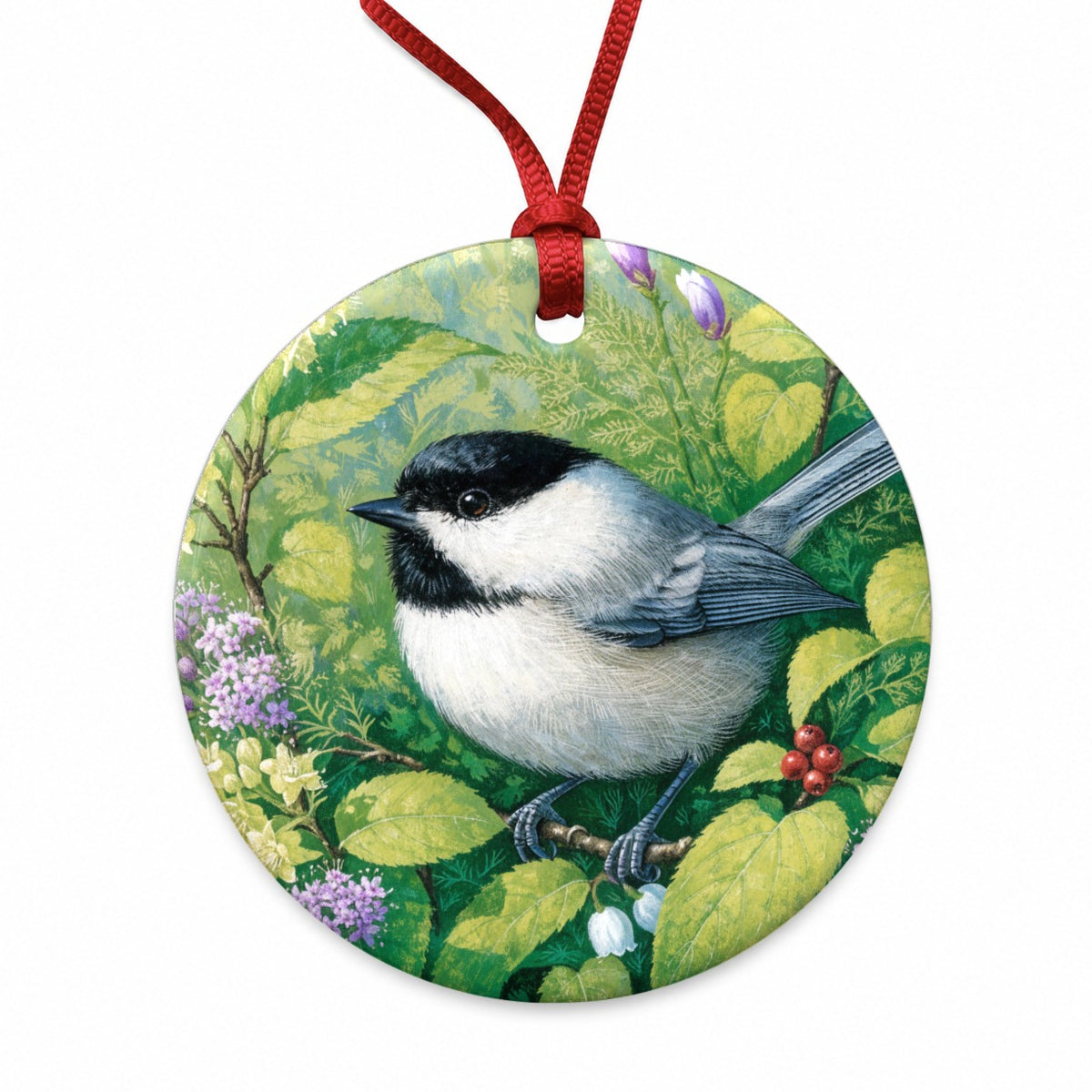 Chickadee Wildflower Garden Round Ceramic Holiday Christmas Tree Ornament