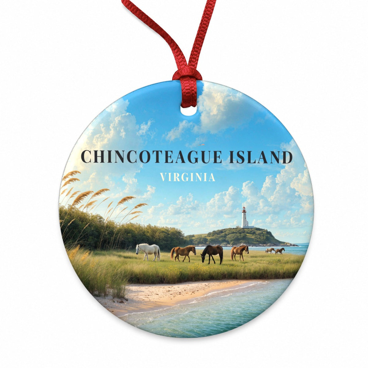 Chincoteague Island Virginia Travel Round Ceramic Holiday Christmas Tree Ornament