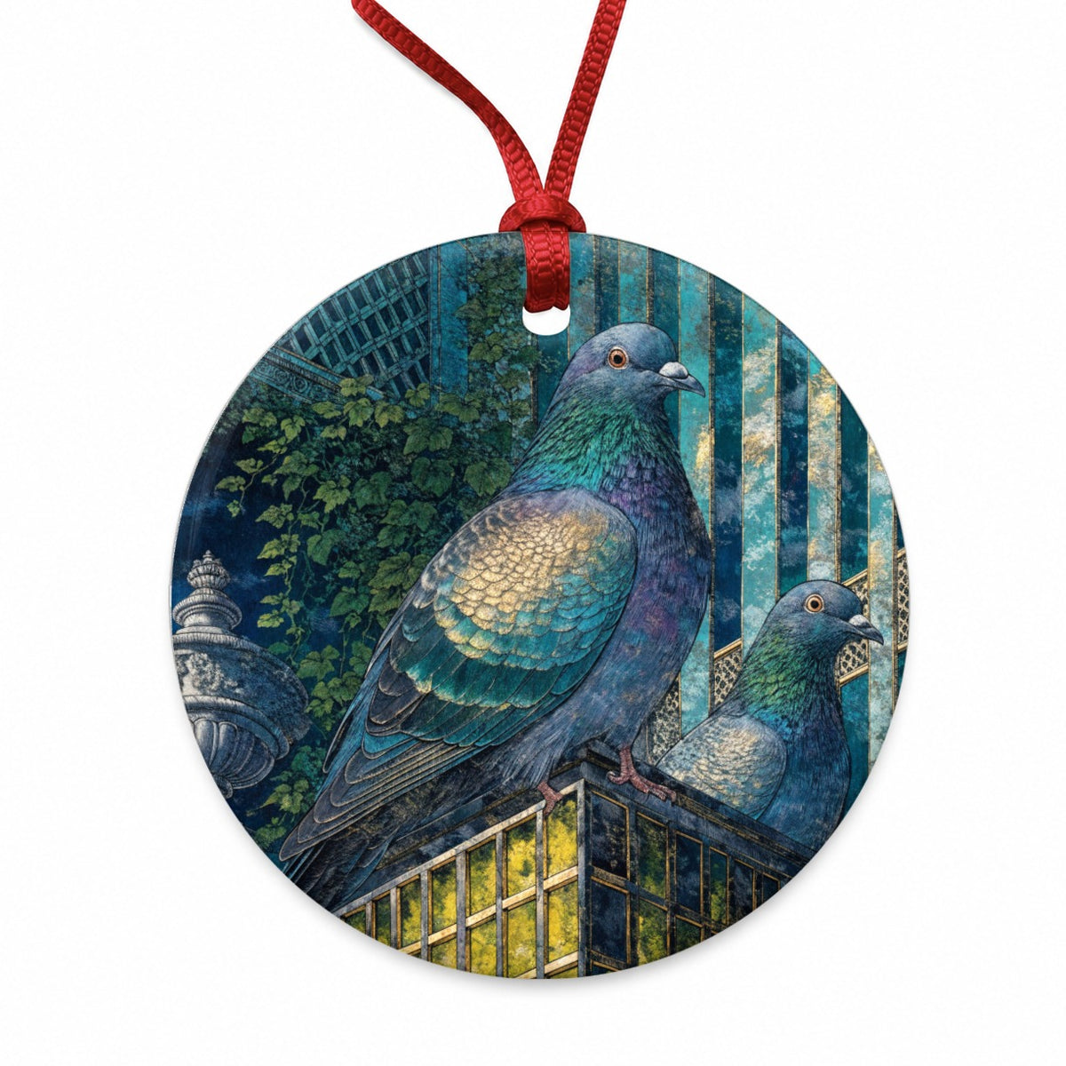 City Pigeons On A Roof Round Ceramic Holiday Christmas Tree Ornament