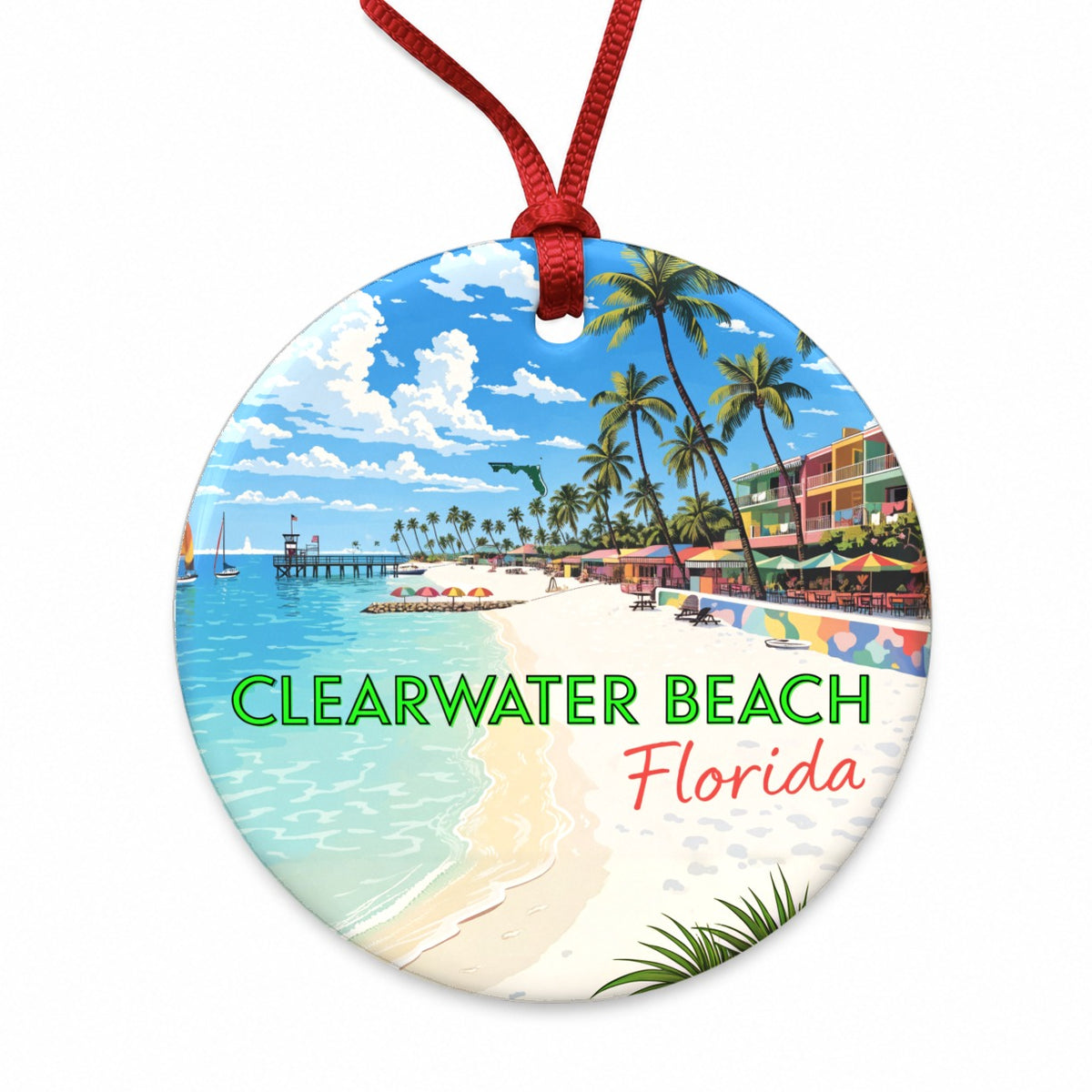 Clearwater Beach Florida Travel Round Ceramic Holiday Christmas Tree Ornament