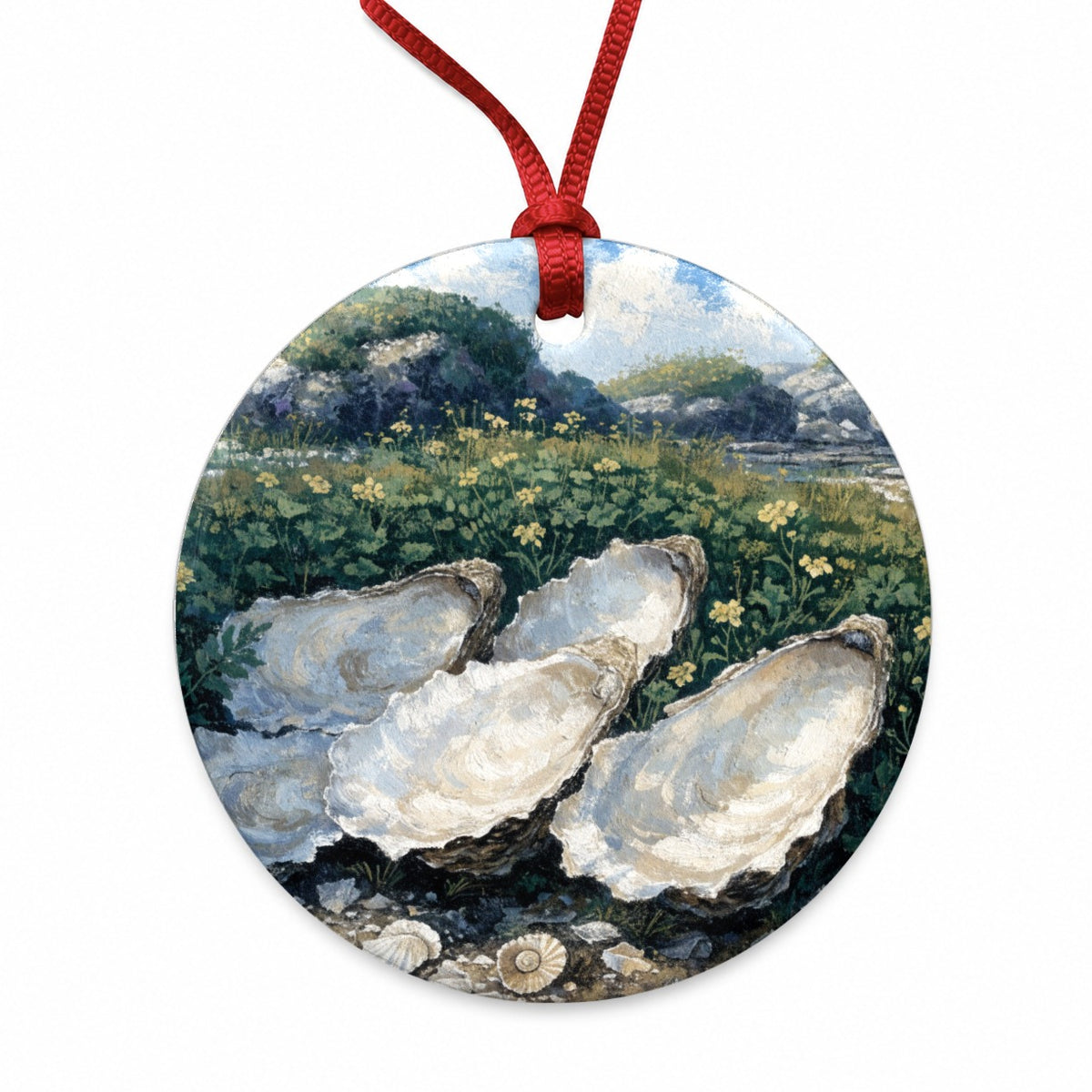 Coastal Oysters Shells Round Ceramic Holiday Christmas Tree Ornament