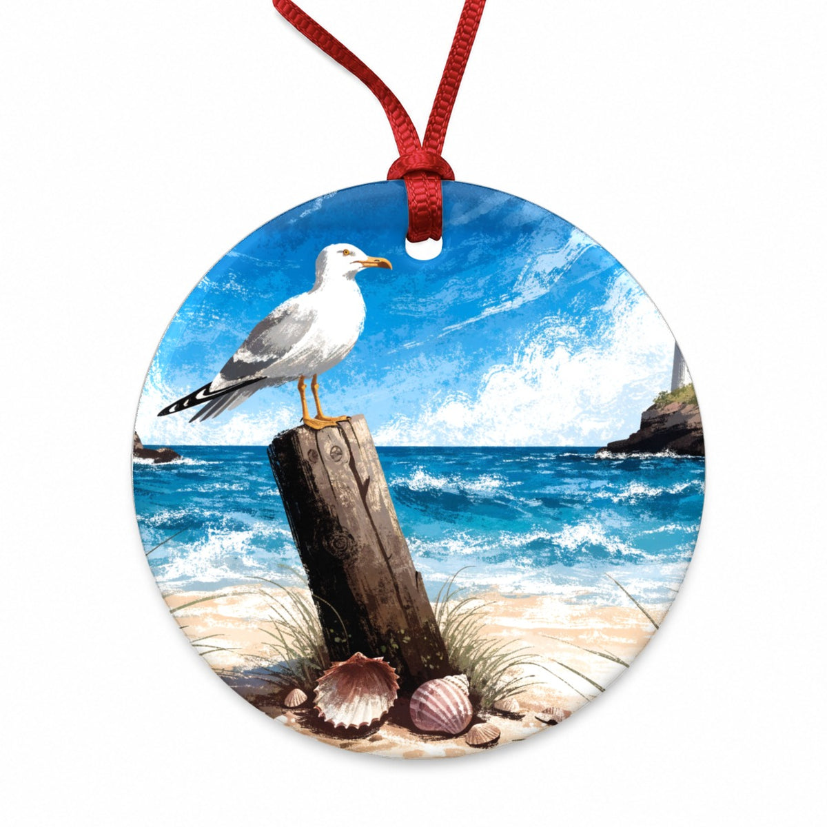 Coastal Seagull Beach Scene Round Ceramic Holiday Christmas Tree Ornament