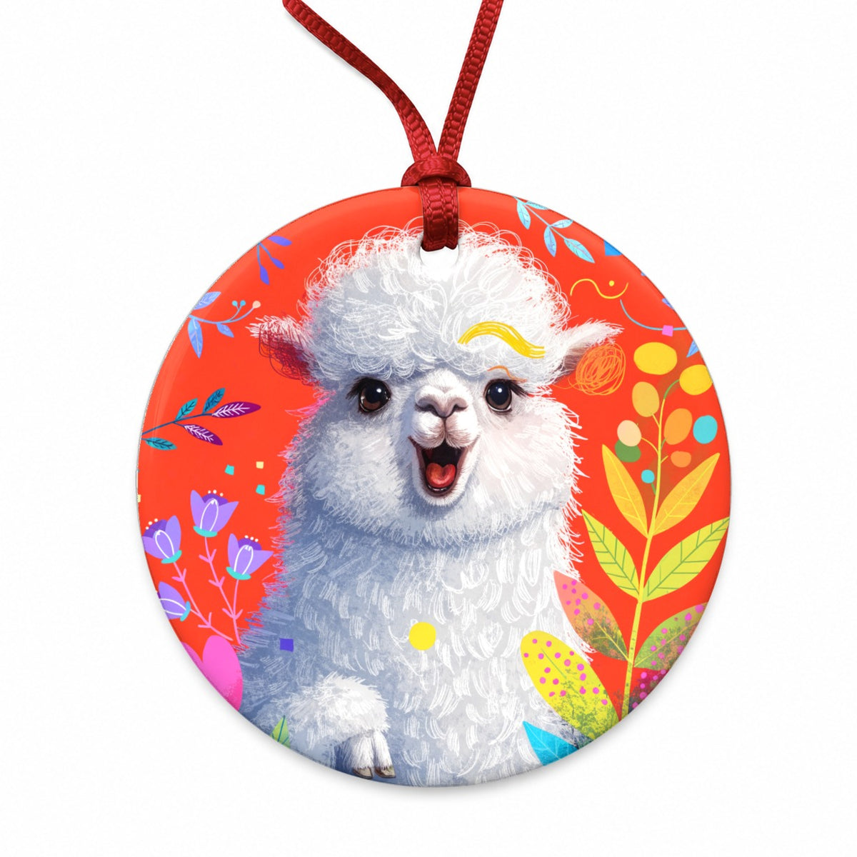 Colorful Alpaca Portrait Round Ceramic Holiday Christmas Tree Ornament