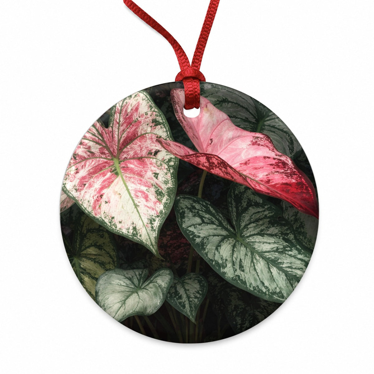 Colorful Caladium Leaves Round Ceramic Holiday Christmas Tree Ornament