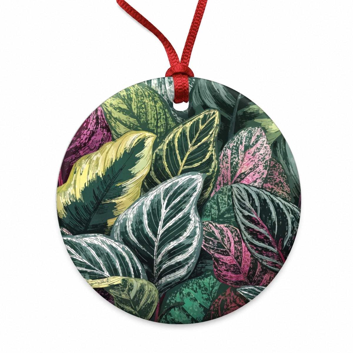 Colorful Calathea Leaves Round Ceramic Holiday Christmas Tree Ornament