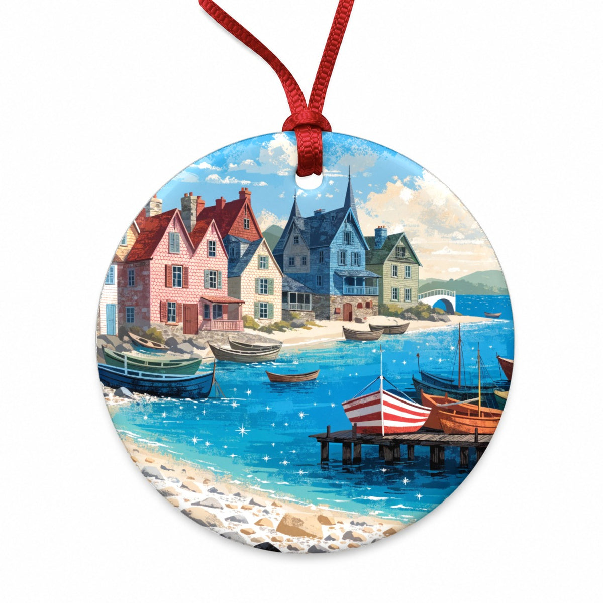 Colorful Coastal Fishing Village Round Ceramic Holiday Christmas Tree Ornament