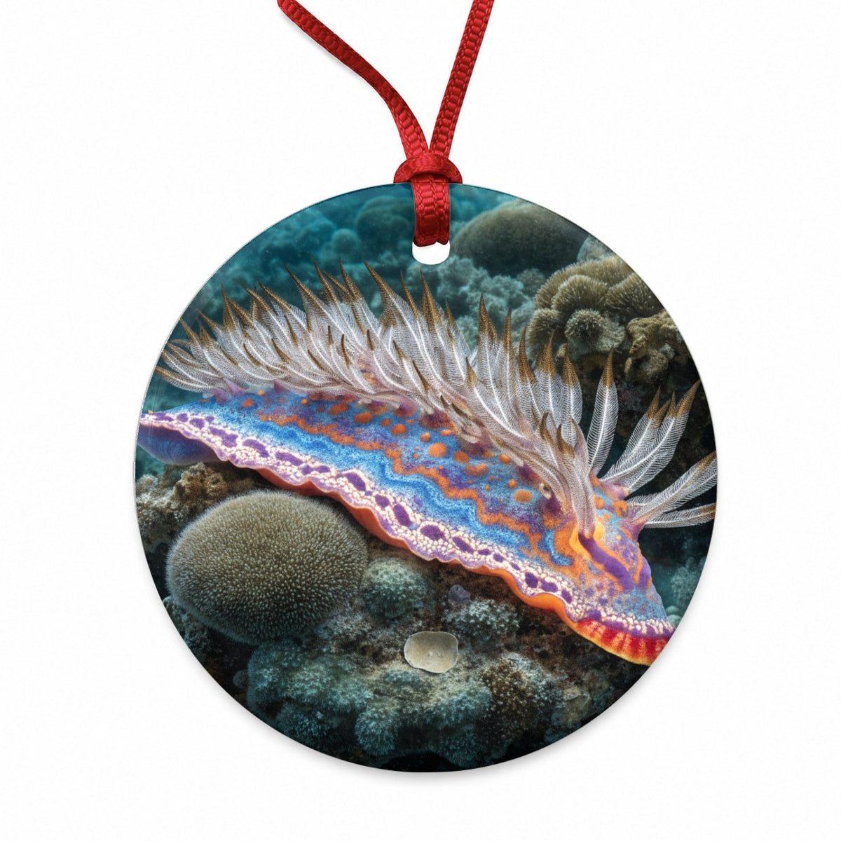 Colorful Nudibranch Reef Round Ceramic Holiday Christmas Tree Ornament