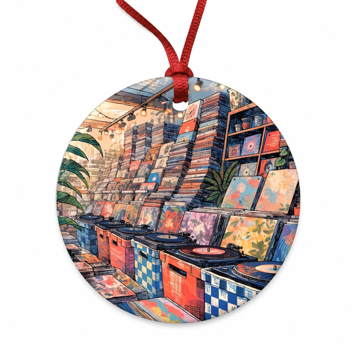 Cozy Record Store Round Ceramic Holiday Christmas Tree Ornament