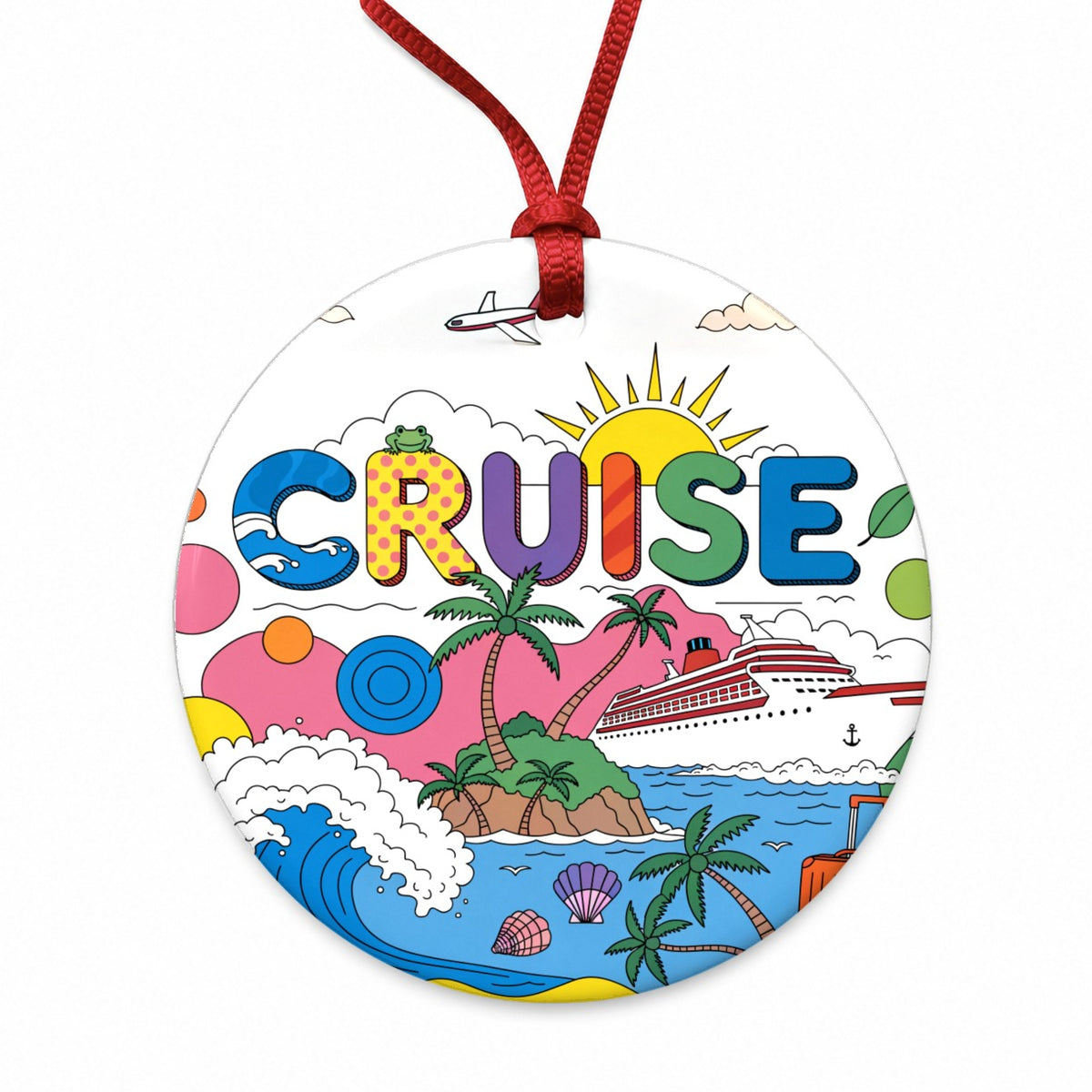 Cruise Ship Colorful Bold Travel Round Ceramic Holiday Christmas Tree Ornament