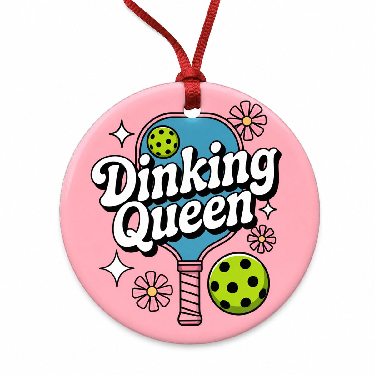 Dinking Queen Pickleball Round Ceramic Holiday Christmas Tree Ornament