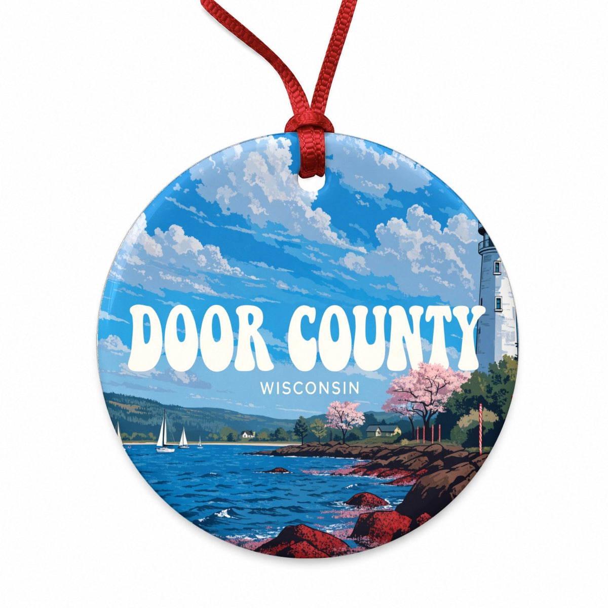 Door County Wisconsin Travel Round Ceramic Holiday Christmas Tree Ornament