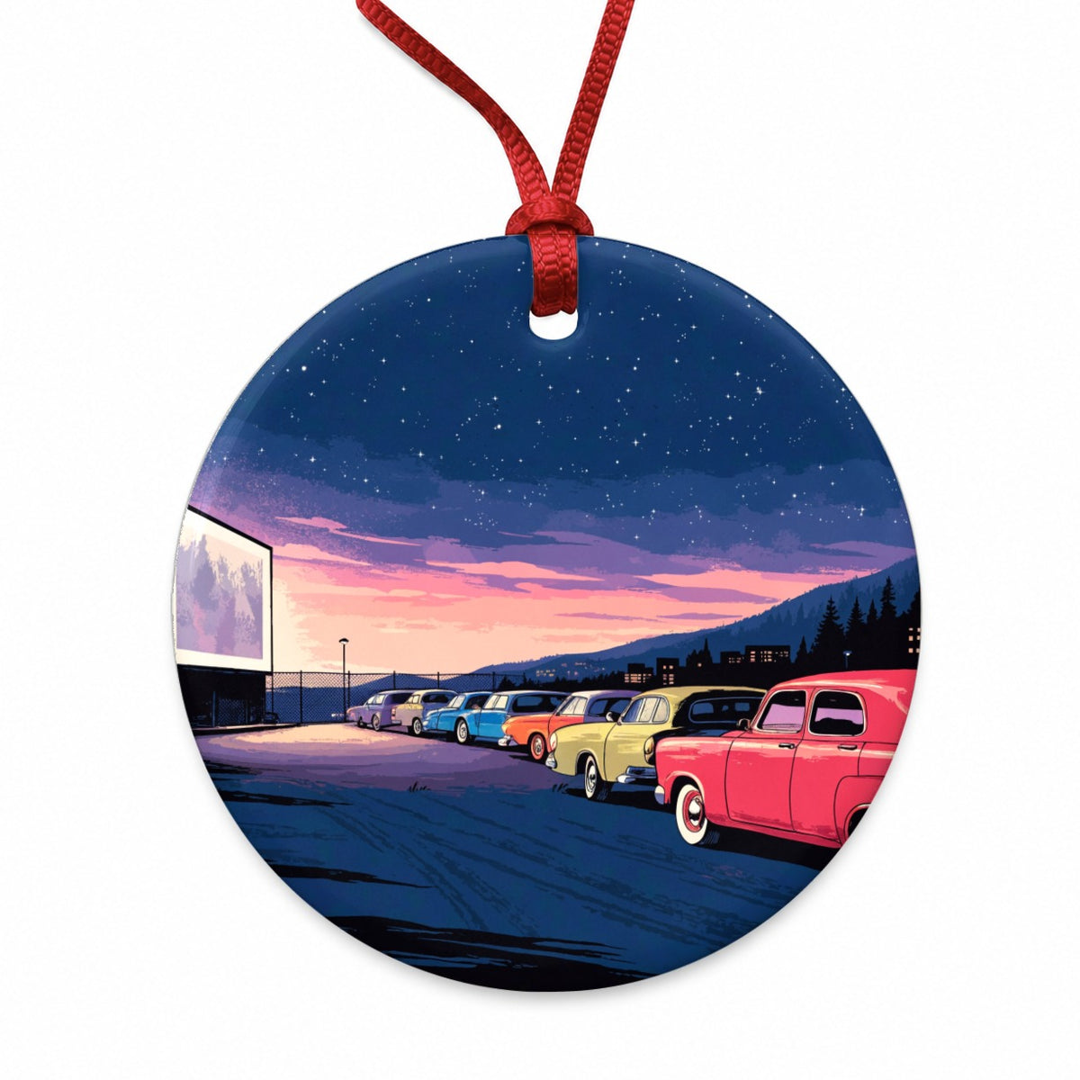 Drive-In Movie Night Round Ceramic Holiday Christmas Tree Ornament