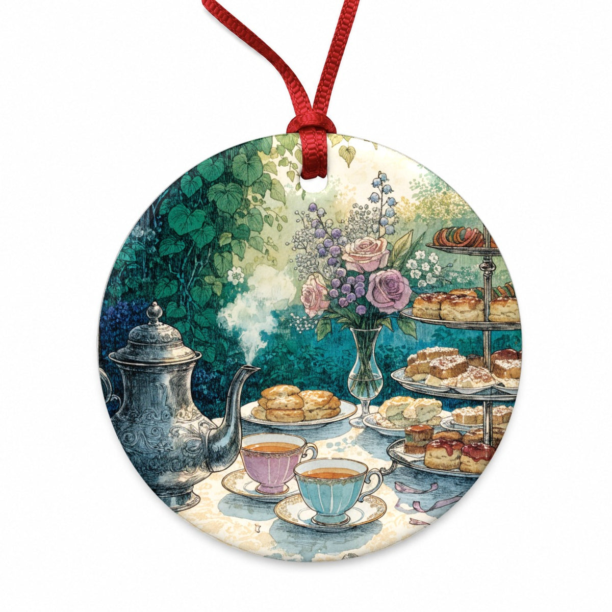 Elegant Afternoon Tea Pot Scones Round Ceramic Holiday Christmas Tree Ornament