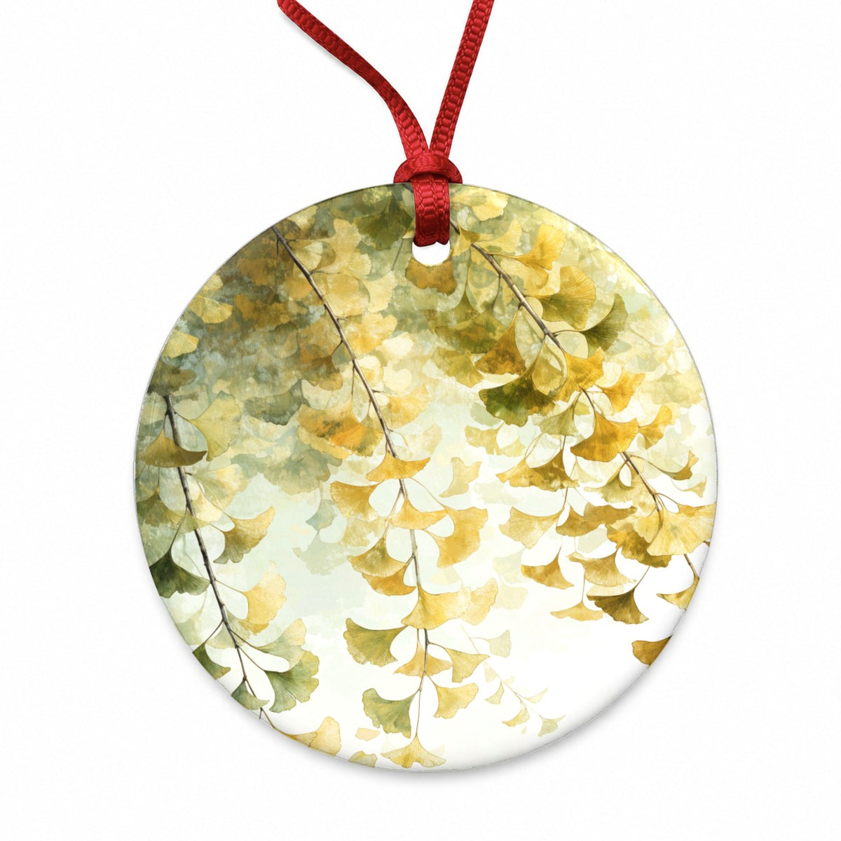 Elegant Ginkgo Leaves Round Ceramic Holiday Christmas Tree Ornament