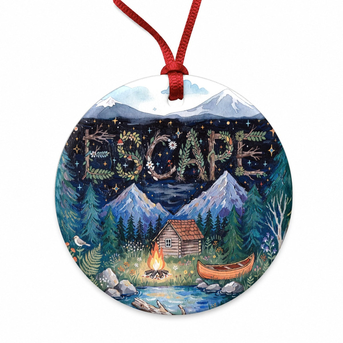 Escape Cozy Cabin Campfire Round Ceramic Holiday Christmas Tree Ornament