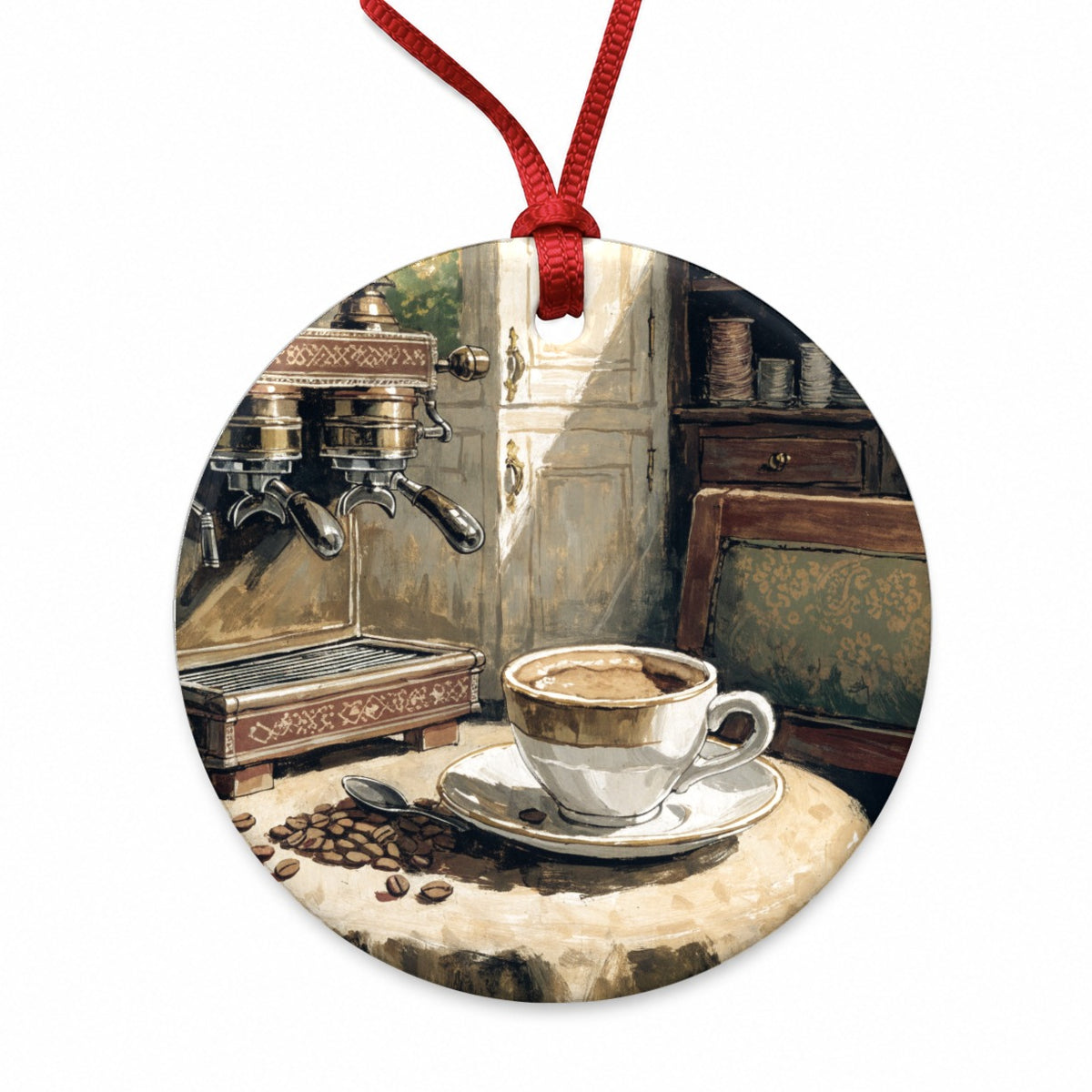 Espresso Coffee Aesthetic Round Ceramic Holiday Christmas Tree Ornament