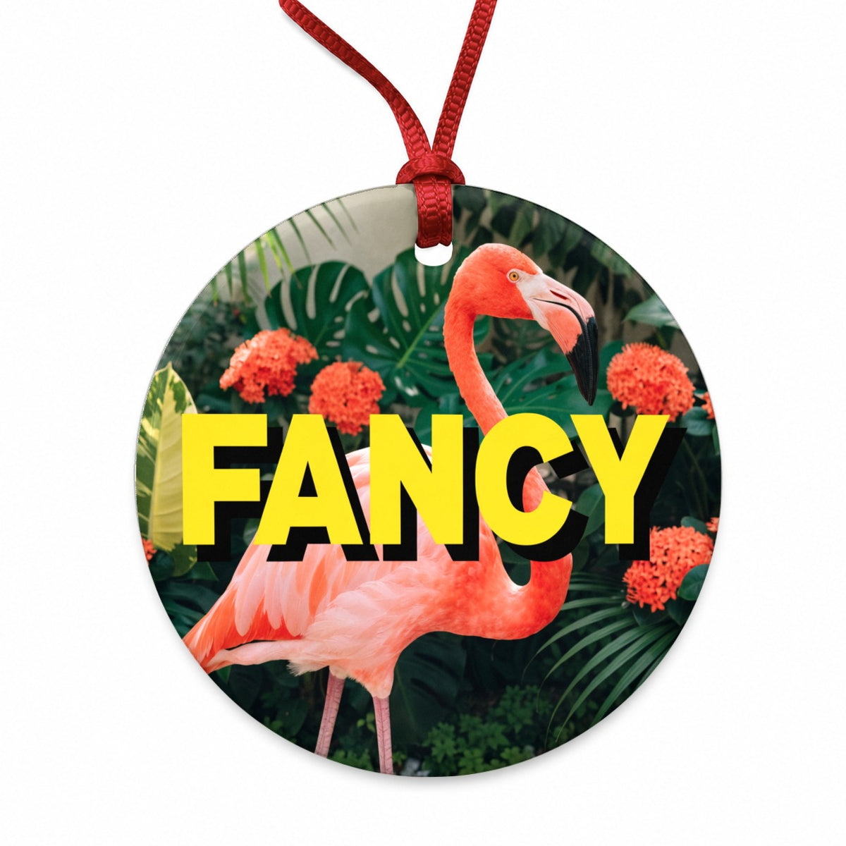 Fancy Pink Flamingo Funny Round Ceramic Holiday Christmas Tree Ornament