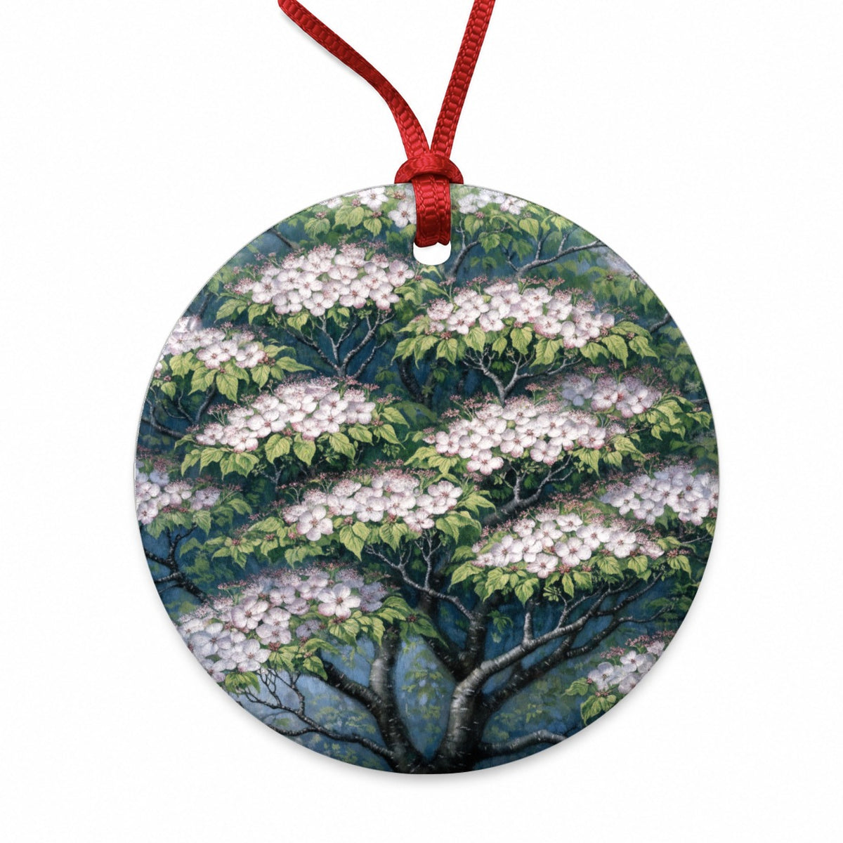 Flowering Dogwood Tree Round Ceramic Holiday Christmas Tree Ornament