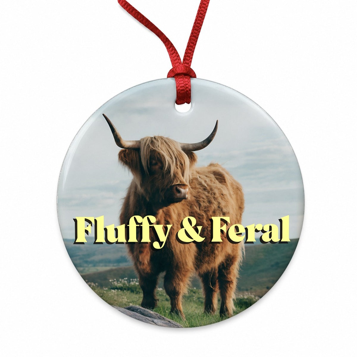 Fluffy Feral Highland Cow Funny Round Ceramic Holiday Christmas Tree Ornament