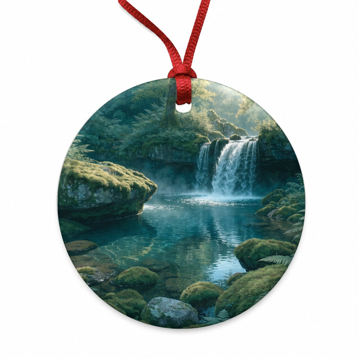 Forest Waterfall Landscape Round Ceramic Holiday Christmas Tree Ornament